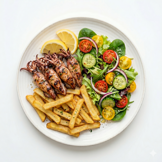 Calamares A La Plancha Con Ensalada Y Patatas