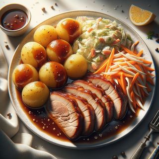 Karczek pieczony w sosie własnym, ziemniaki i surówka