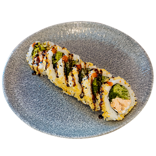 80. Uramaki z pieczonym łososiem teriyaki w chrupkach tempury
