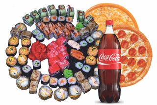 Сет "Хит" (68 шт.) + пиццы 30 (см.) "Пепперони", "4 сыра" , Coca-Cola