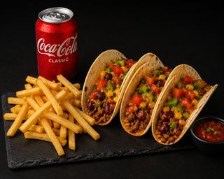 3 бр. такоси Чили Кон Карне,плюс картофки, сос и Coca-Cola кен