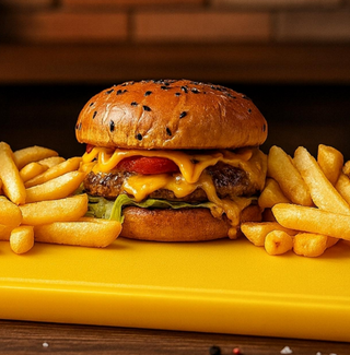 Burger de vită angus cu cartofi și sos