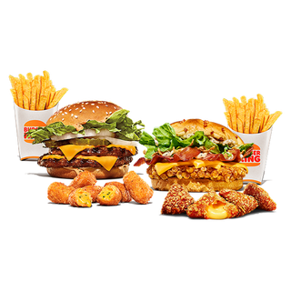 2 Hambúrgueres + Acompanhamento à escolha + 2 Porções de Batatas Fritas