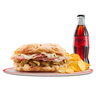 Menu Focaccia con Funghi Porcini e pancetta e Chips