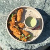 Breaded tiger shrimps with sweet and spicy wasabi sauce