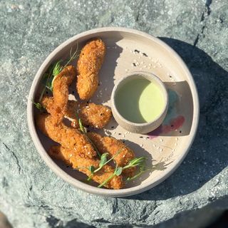 Breaded tiger shrimps with sweet and spicy wasabi sauce