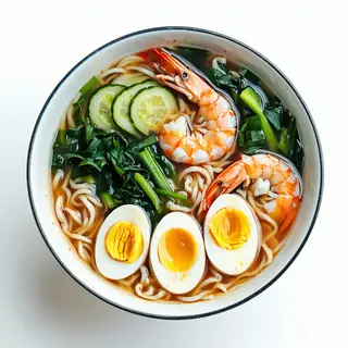 205.-Ramen in brodo con gamberi gamberi, verdura misto ed uova.