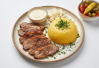 Pastramă de oaie servită cu mămăliguţă
