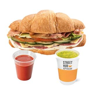 Круасан Салямі з прошуто та питний бульйон або томатний сік 