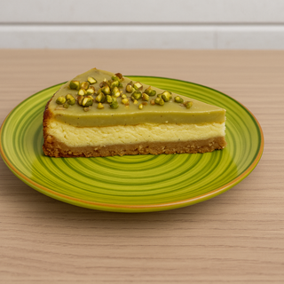 Fetta di cheesecake cotta glassata al pistacchio