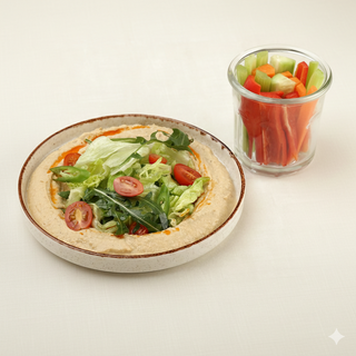 ჰუმუსი ჩერი პომიდვრით და სალათის მიქსით