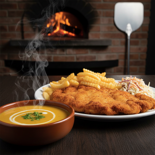 Supa crema de legume + snitel de pui cu cartofi prajiti si varza alba