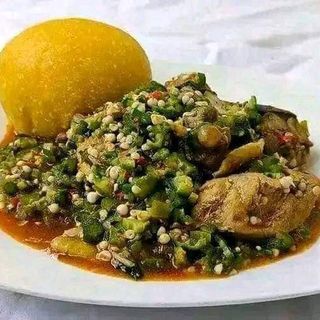 Yellow Eba served with okro mixed with beef