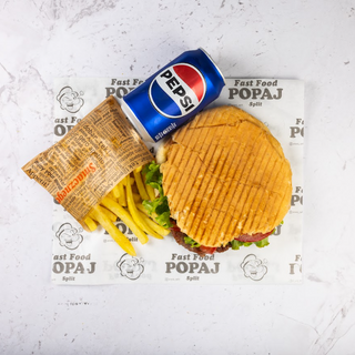 Hamburger + pomfrit + Pepsi
