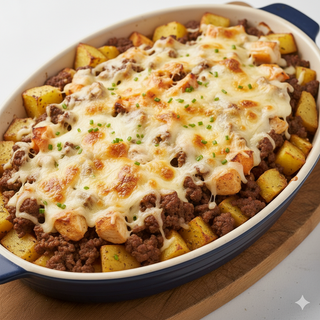 Patatas Con Carne Mixta Y Queso Al Horno