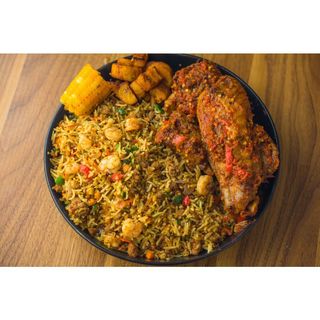 Fried rice and turkey with plantain