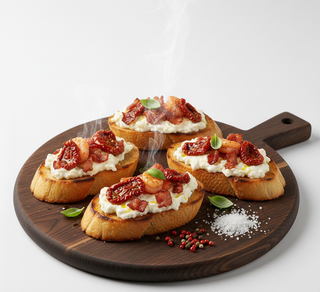 Bruschetta con formaggi, bacon e pomodori secchi