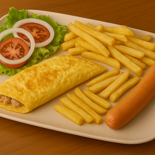 Plato De Tortilla Francesa Con Atún, 1 Salchicha, Patatas y Bacon