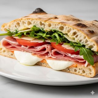 Panuozzo con mozzarella, prosciutto crudo, pomodori, rucola, scaglie di parmigiano