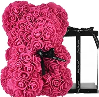 Orso con rose finte fuxia