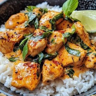 Thai Spiced Basil Coconut Chicken Served With Rice