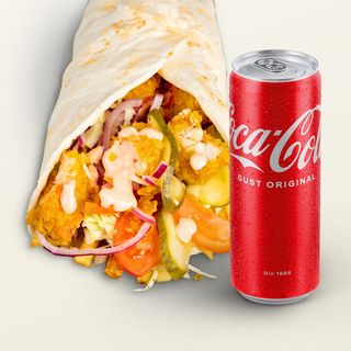 Meniu shaorma crispy + cartofi + sos + Coca-Cola 330 ml