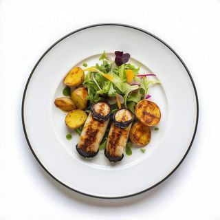 Sepia, patatas al caliu y ensalada