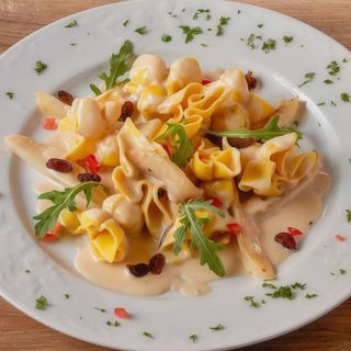 Saccottini relleno de pera con crema de queso taleggio y pasas