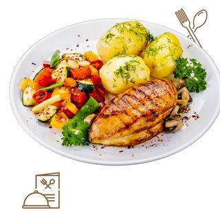 PECHUGA DE POLLO AL HORNO CON PATATA COCIDA Y VERDURAS ASADAS
