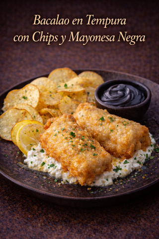 Bacalao en Tempura con Chips y Mayonesa Negra
