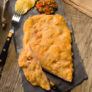 Cachopo Asturiano Relleno De Jamón Y Queso Cabrales, Pimientos Del Piquillo