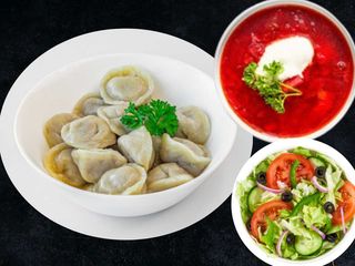 Zestaw 100Оg: Zupa + Pielmeni wieprzowo-wołowe + Surówka