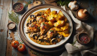 Пилешки хапки с гъбен сос, картофи и кашкавал