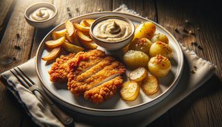 Șnițel de pui cu cartofi și sos de usturoi