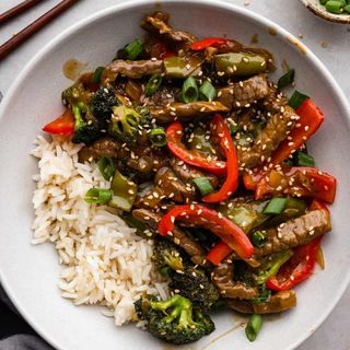 Szechuan beef served with rice 