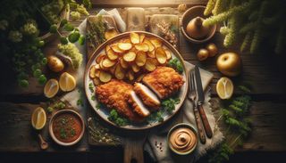 Jumătăți de pui pane cu cartofi chips