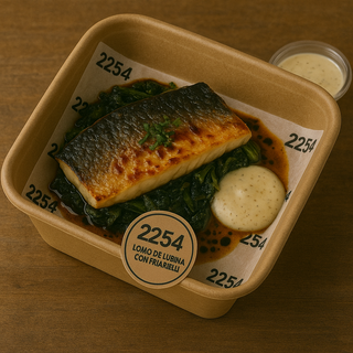 Lomo de Lubina con Friarielli al Ajo y Guindilla, Salsa de Almendras y Aceite de Trufa Negra