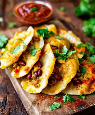 Pierogi Meksykańskie podawane z sosem