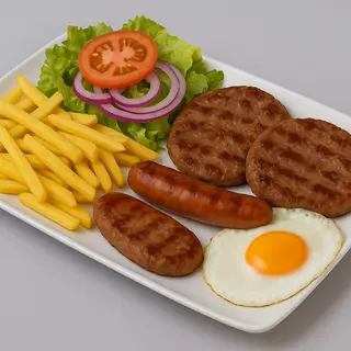 Plato De 2 Hamburguesas, Salchicha, Huevo, Patatas Fritas y Ensalada