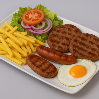 Plato De 2 Hamburguesas, Salchicha, Huevo, Patatas Fritas y Ensalada