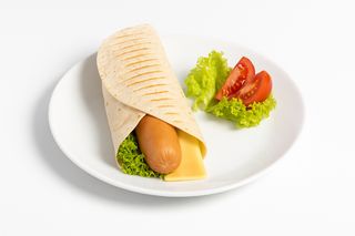 Cheese topped wrapped hot dog