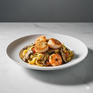 Pappardelle con capesante, gamberoni e funghi porcini