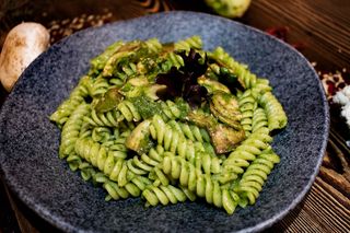 Fusilli with champignons and pesto sauce