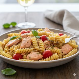 Паста със сьомга и чери домати