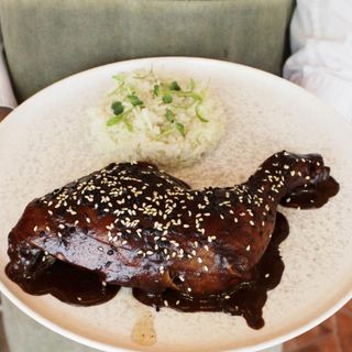Pollo mole poblano con arroz jazmín		 		