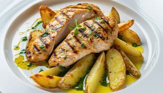 Piept de pui la plita inchinsa si cartofi wedges si sos dijon