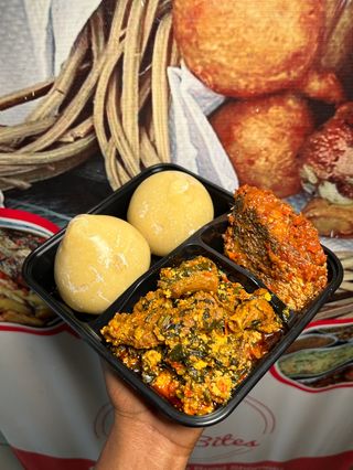 Eba, efo Elegusi with croaker fish 