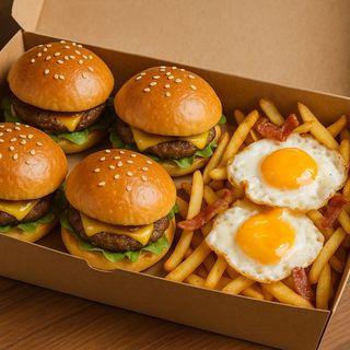 Box 4 Mini hambúrgueres + Ovos Rotos 