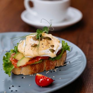 Toast with poached egg, salmon and avocado