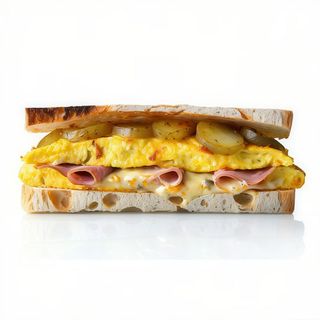 Bocadillo de tortilla de patatas con cebolla, York y queso. (1 pincho)